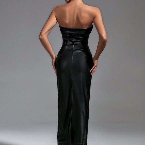 Black Preppy Womens Solid PU Tube Dress - Picture 2 of 6